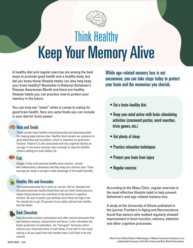 Think Healthy Keep Your Memory Alive Handout Featured Image